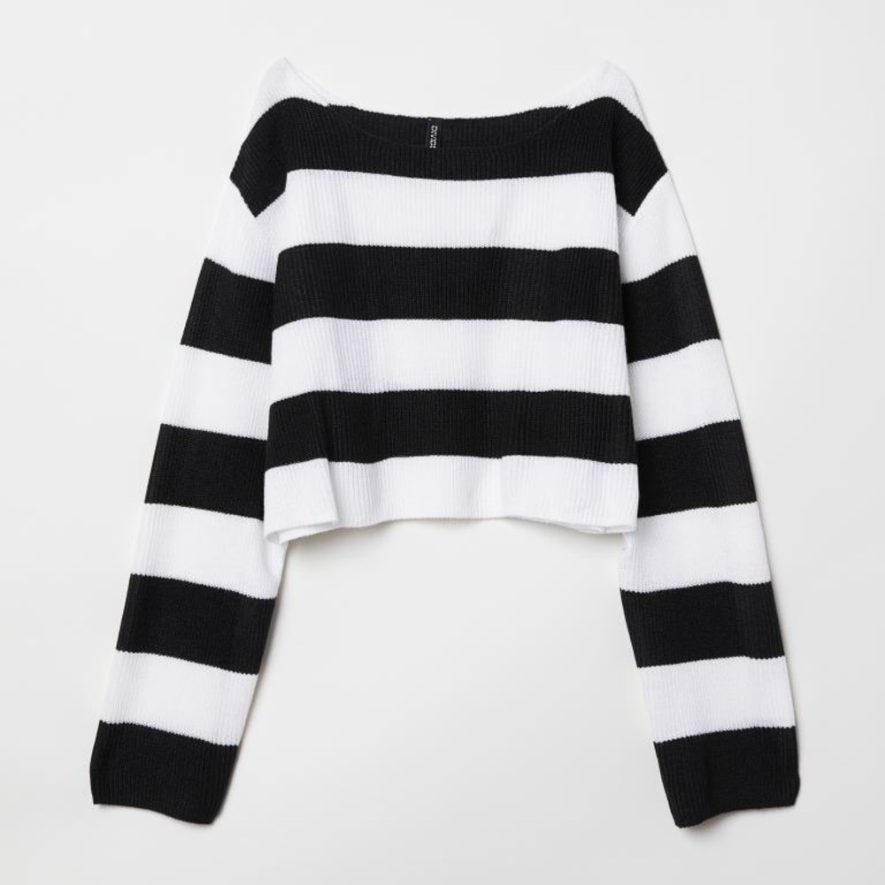 h&m wide cut drop shoulder black and white striped knit sweater